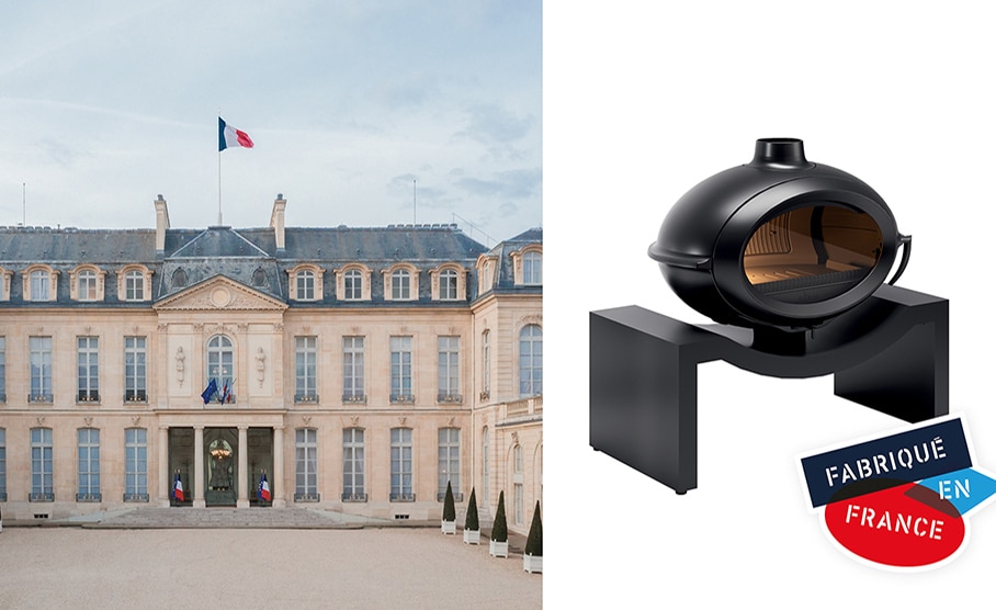 Poêle à bois en fonte Brio sur banc acier - exposition du Fabriqué en France à l'Elysée